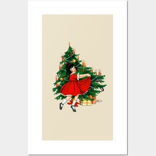 Christmas Tree with Cute Little Girl in Red Dress Vintage Posters and Art